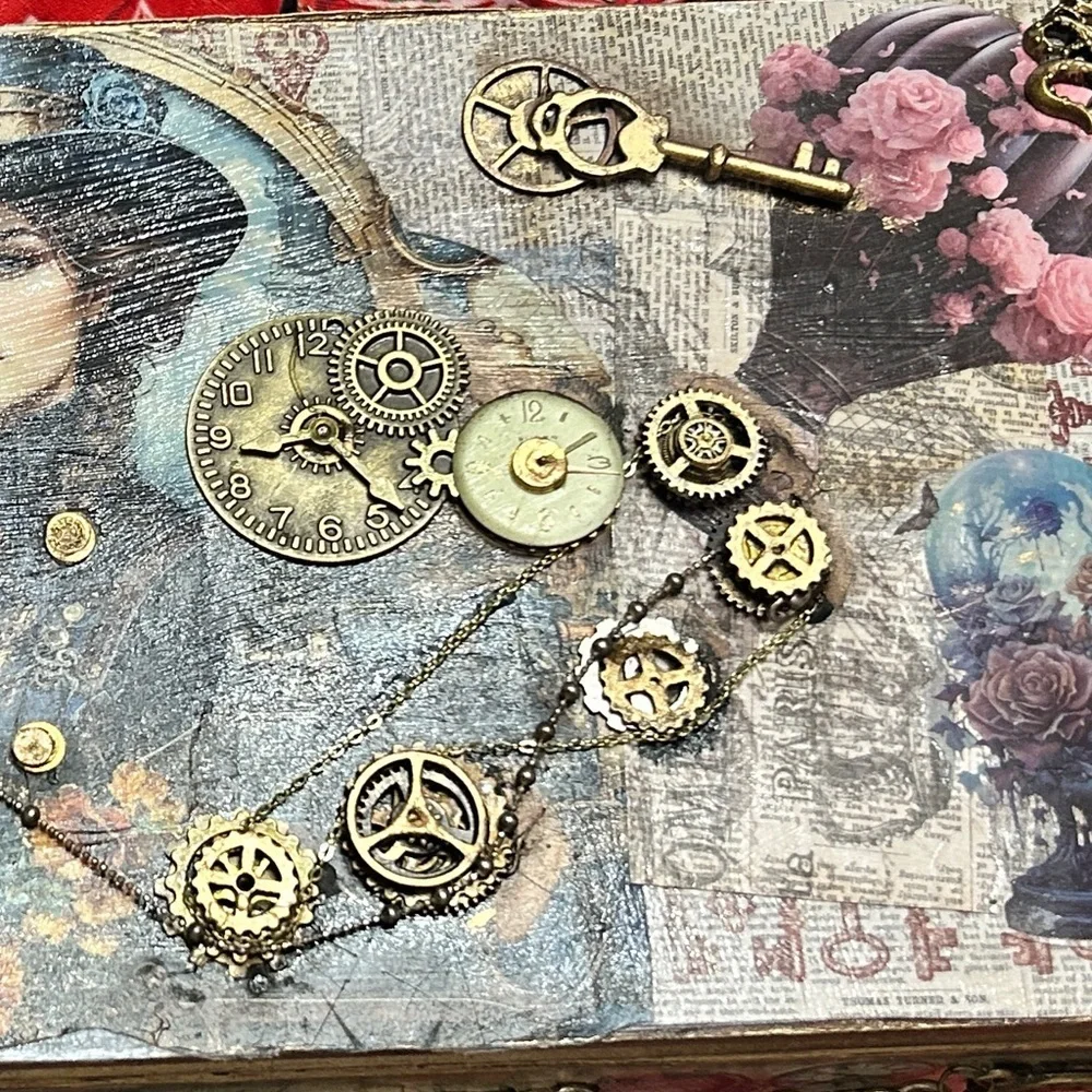 Steampunk Jewelry Box #3 Handmade Vintage Victorian Gear Decor Blue Velvet int